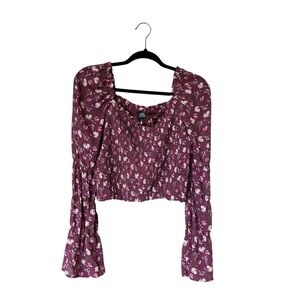 Wild Fable Smocked Floral Long Sleeve Crop Square Neck Top Burgundy‎ Plus  1X